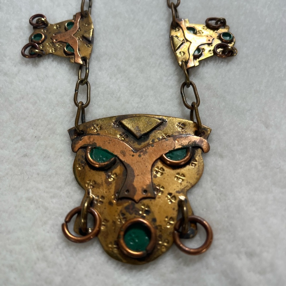 Vintage Mexican Brass and Copper and Green Stone Necklace